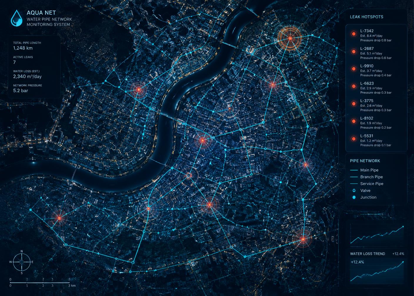 Satellite leak detection overlay of a city water network